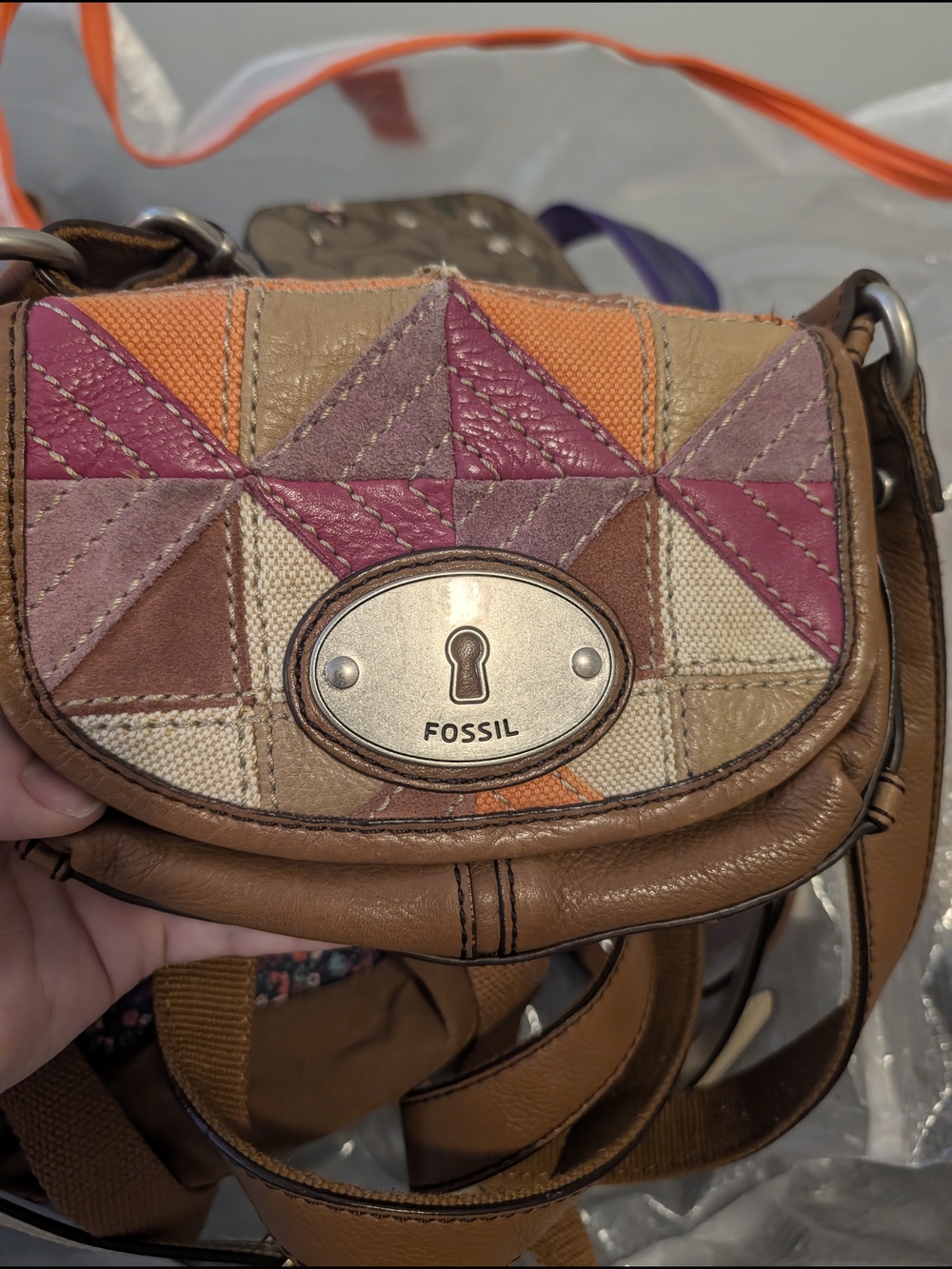 Fossil Brown Leather Crossbody with Pink and Orange Patchwork